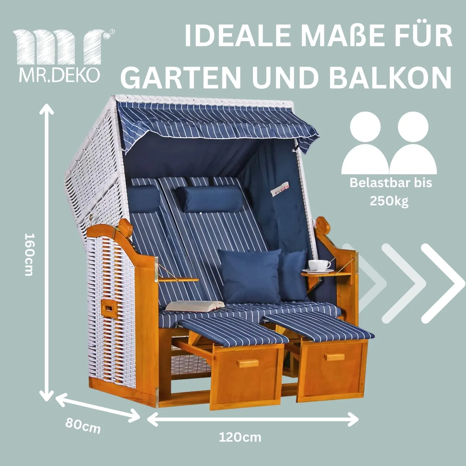 MR.DEKO Ostsee Strandkorb 2-Sitzer Dessin Royal Blau Weiß