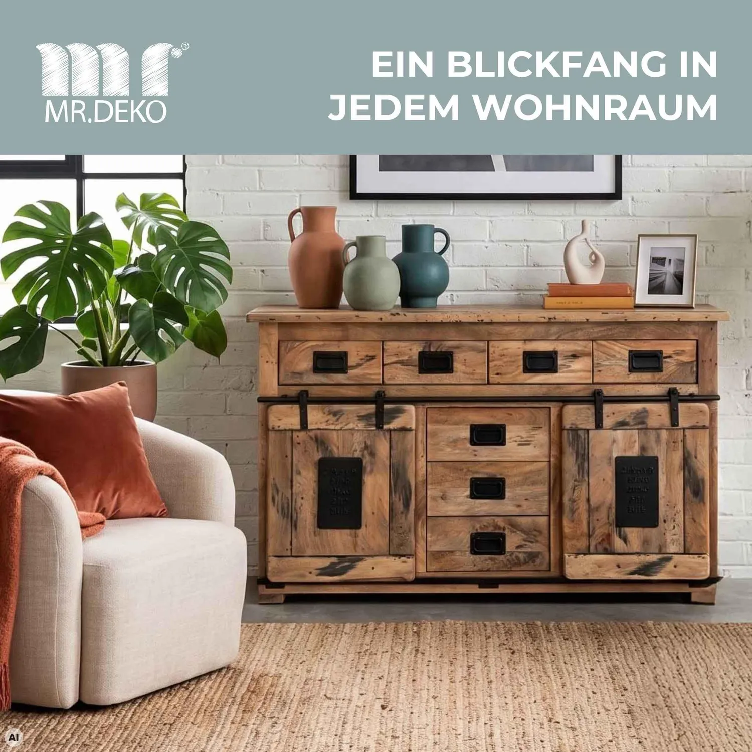 MR.DEKO Florenz Sideboard 150 x 45 x 90 cm Mangoholz