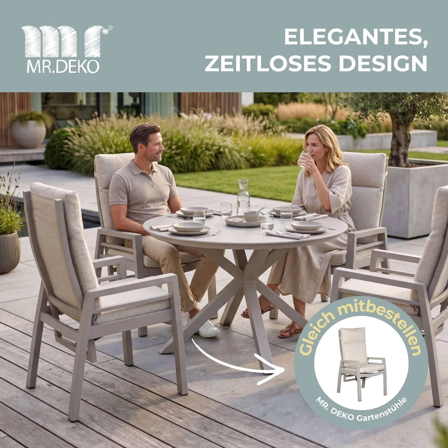 MR.DEKO Malaga Gartentisch rund 120 cm Ivory Keramikplatte