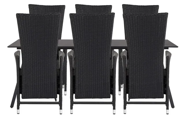 Envy Gartenmöbel-Set 200 cm Schwarz + 6 Rattanstühle Lehne