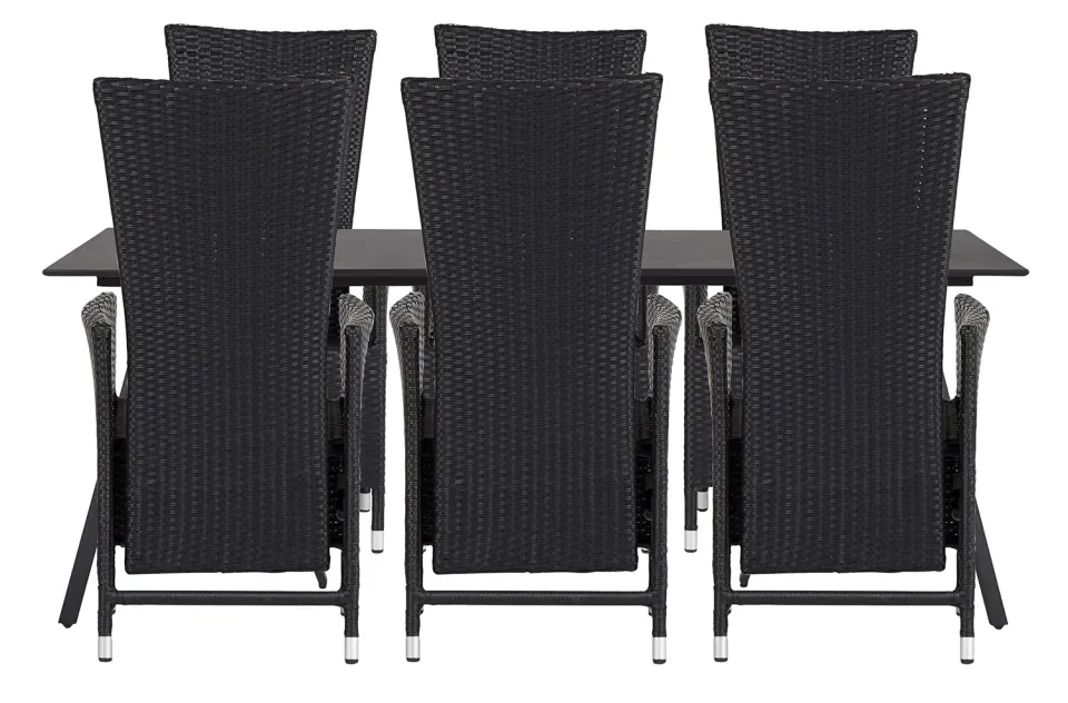 Envy Gartenmöbel-Set 200 cm Schwarz + 6 Rattanstühle Lehne