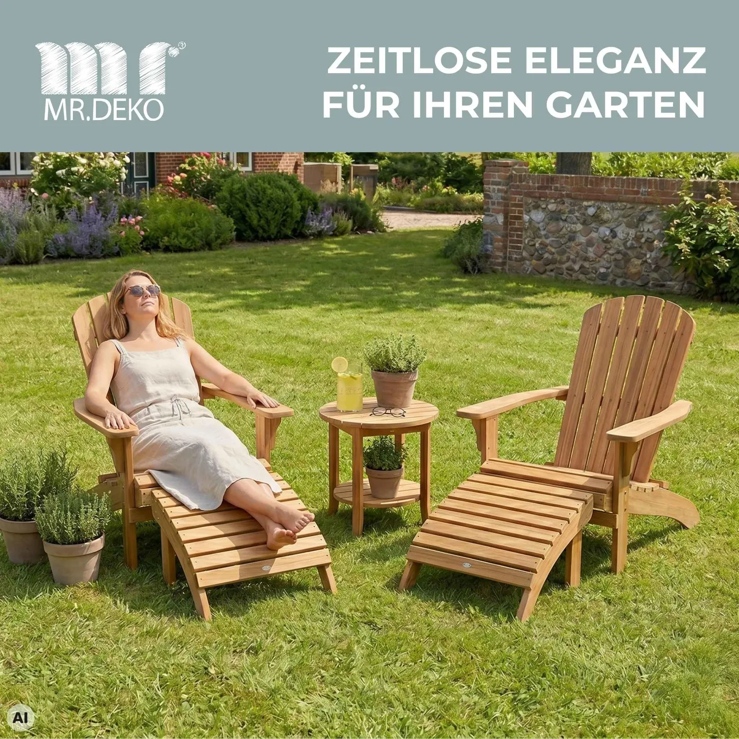 MR.DEKO Adirondack Chair 2er Set Montreal mit Beistelltisch Milton