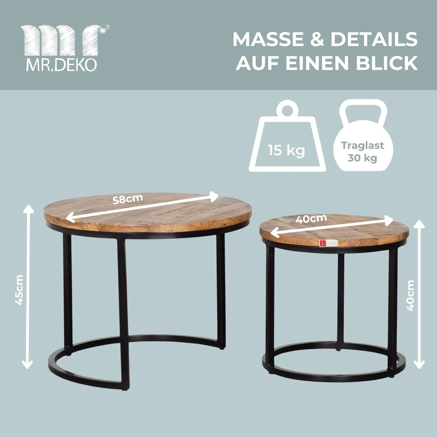 MR.DEKO Fermo Couchtisch 2er Set Mangoholz Natur rund