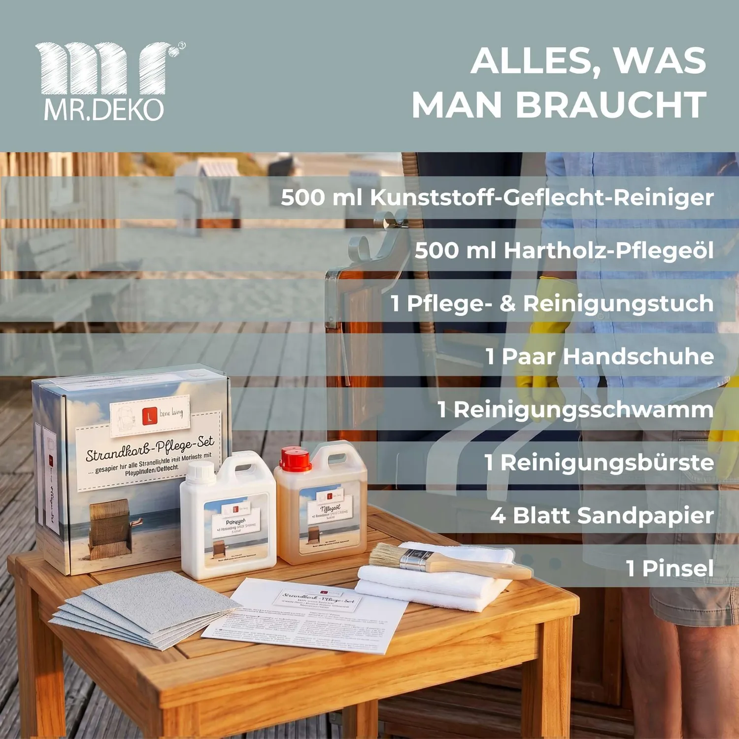 MR.DEKO Strandkorb Pflege-Set Universal 500 ml Holzöl und Reiniger