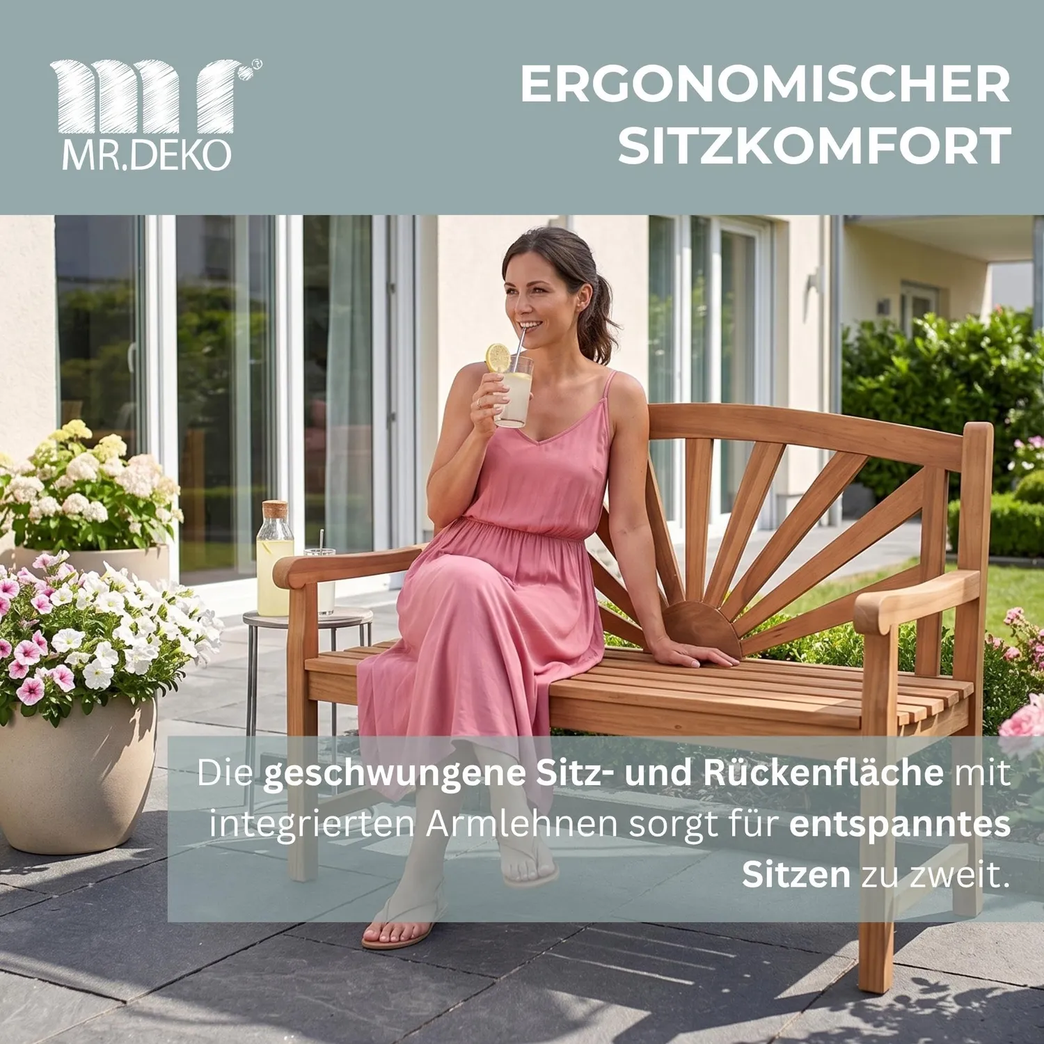 MR.DEKO Motiv Gartenbank Sonne 120x60x94 cm Teakholz 2-Sitzer