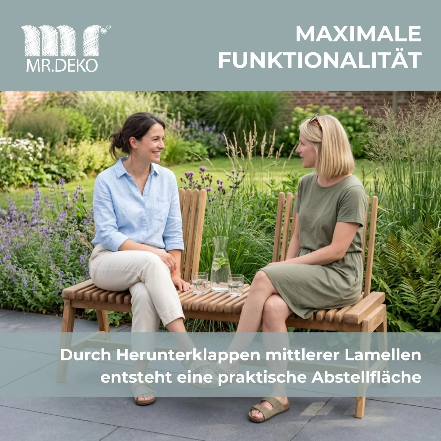 MR.DEKO Leeds Gartenbank Teak 130 cm verstellbar