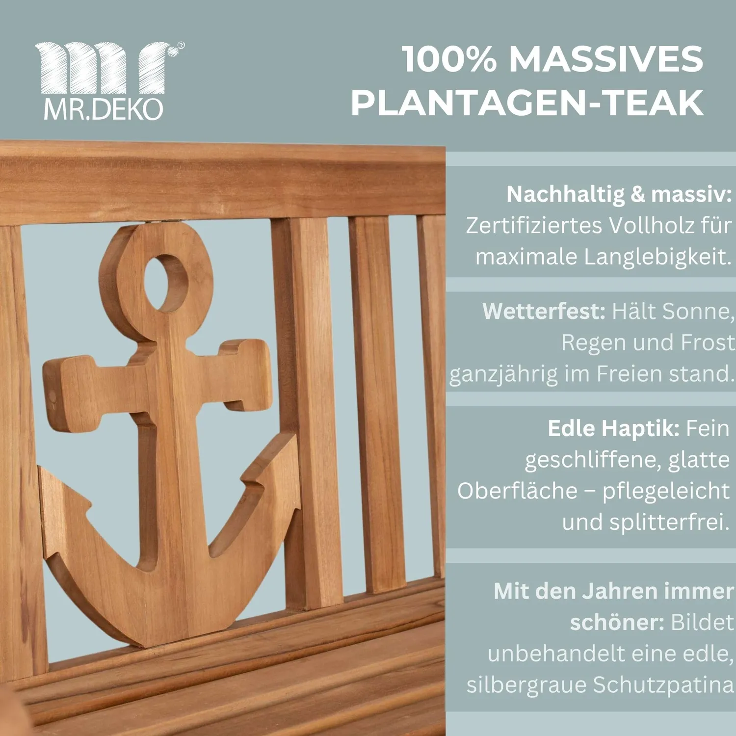 MR.DEKO Motiv Anker Gartenbank 120 cm Teakholz wetterfest