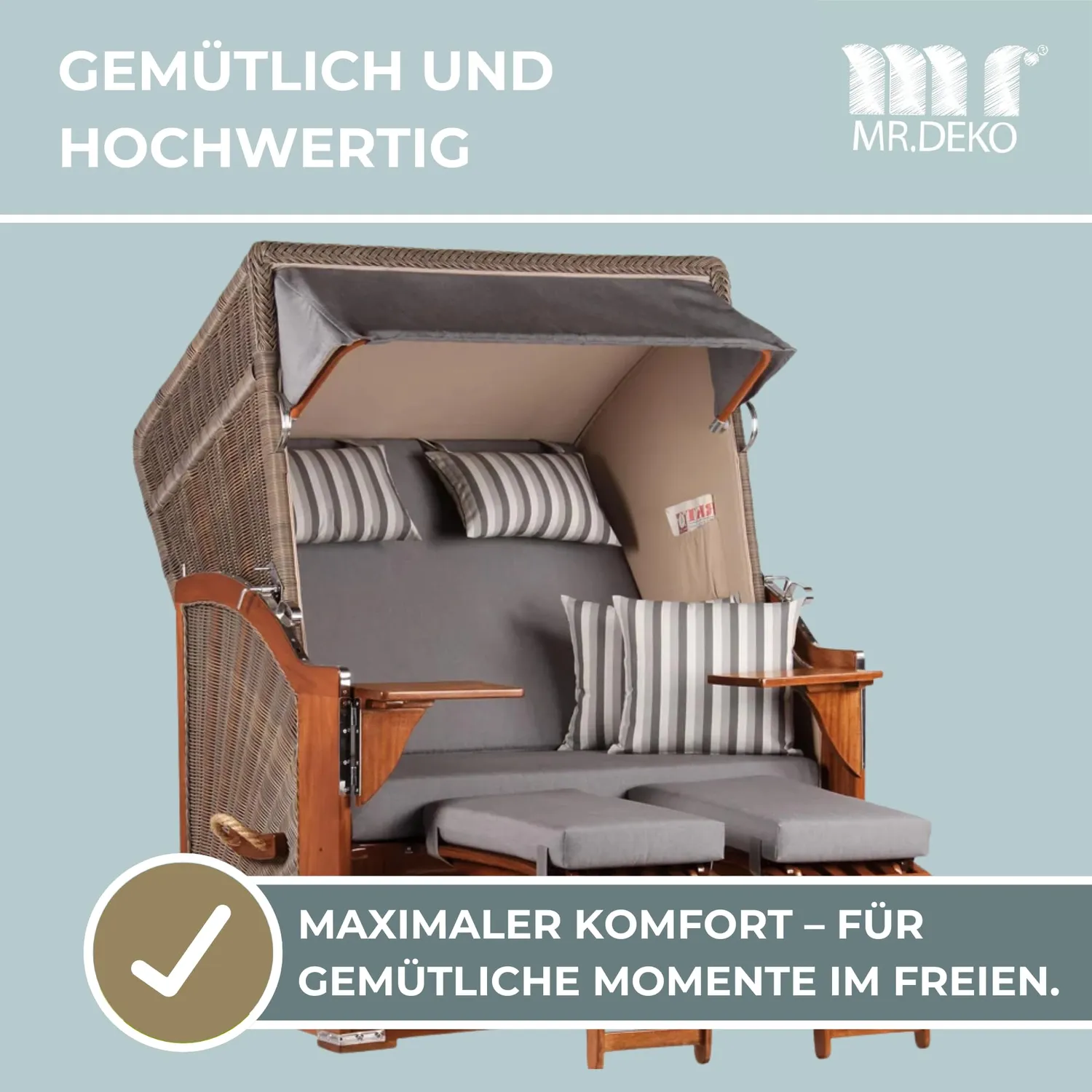 MR.DEKO Seeblick Strandkorb 2-Sitzer Dessin 544 Mahagoni Volllieger