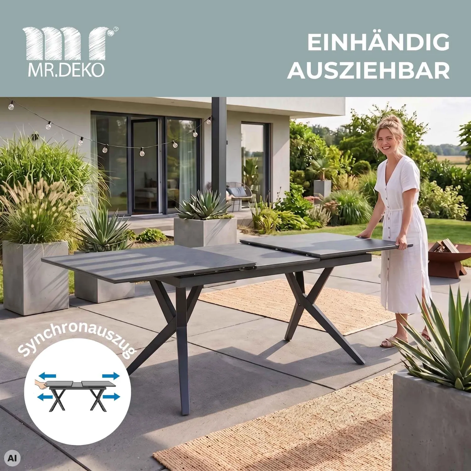 MR.DEKO Valor 160/210x90 cm Gartentisch ausziehbar hellgrau Keramikplatte