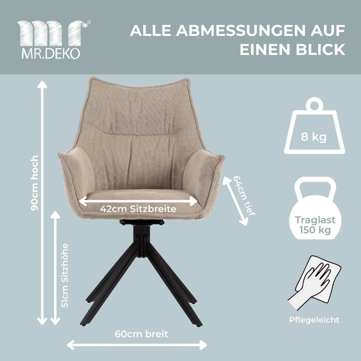 MR.DEKO Ginosa Esszimmerstuhl beige drehbar