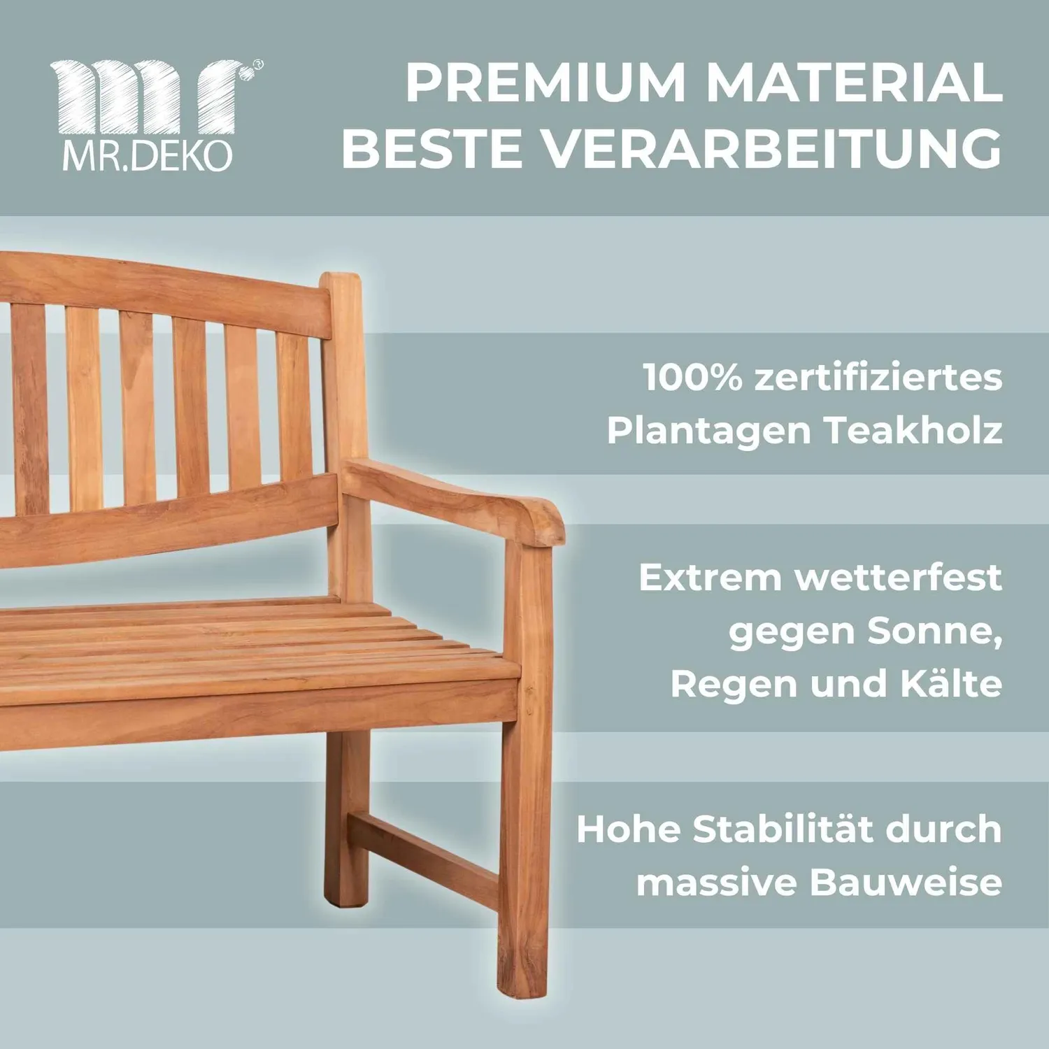 MR.DEKO Bradford Gartenbank 2-Sitzer Teak 120 cm wetterfest
