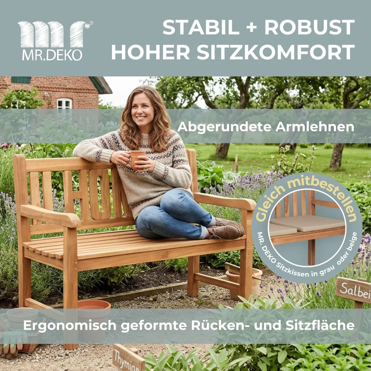 MR.DEKO Gartenbank Motiv Home Teakholz 120 cm 2-Sitzer
