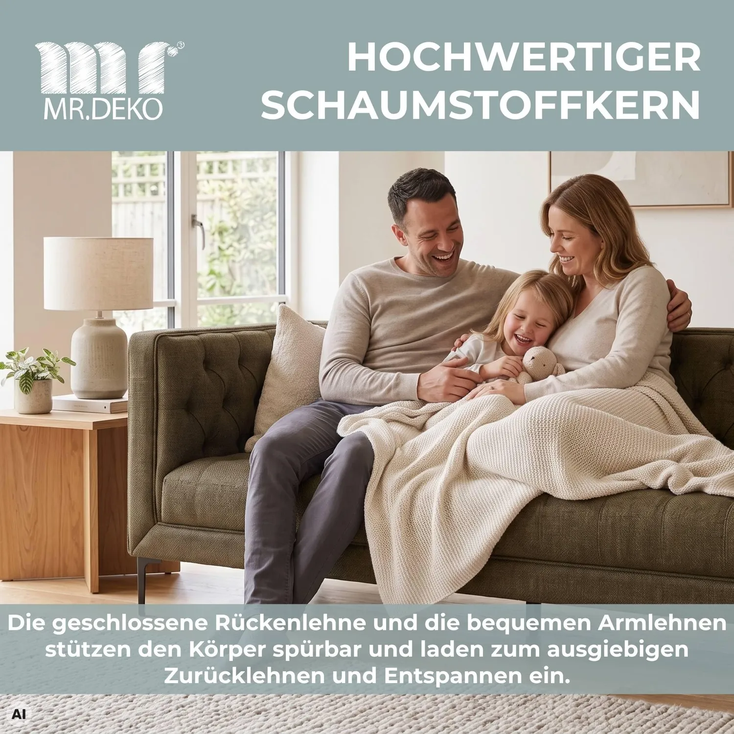 MR.DEKO Troia Lounge Sofa 3-Sitzer Grün mit Steppung