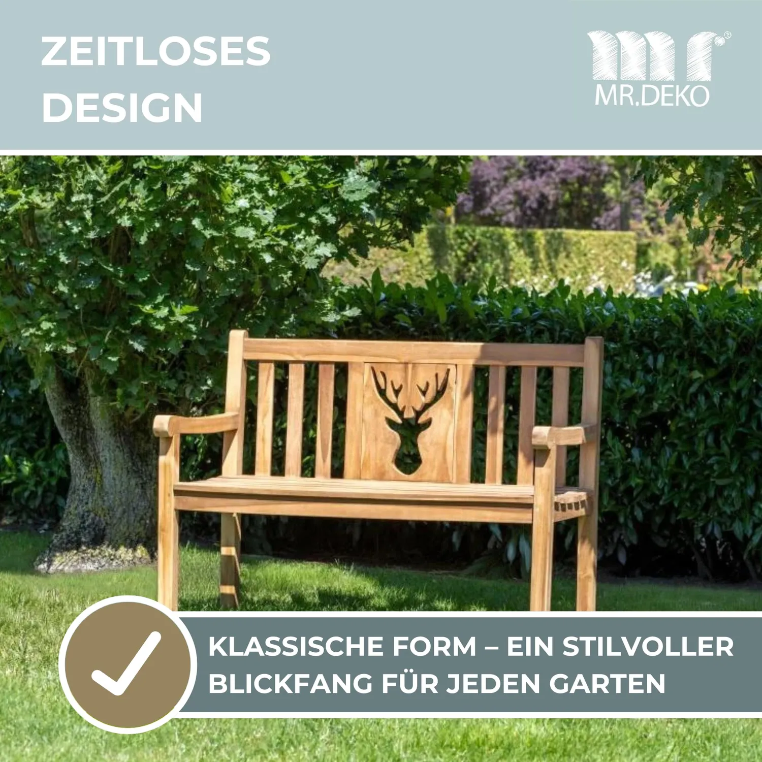 MR.DEKO Hirsch Gartenbank Teak 120cm Motiv Hirsch