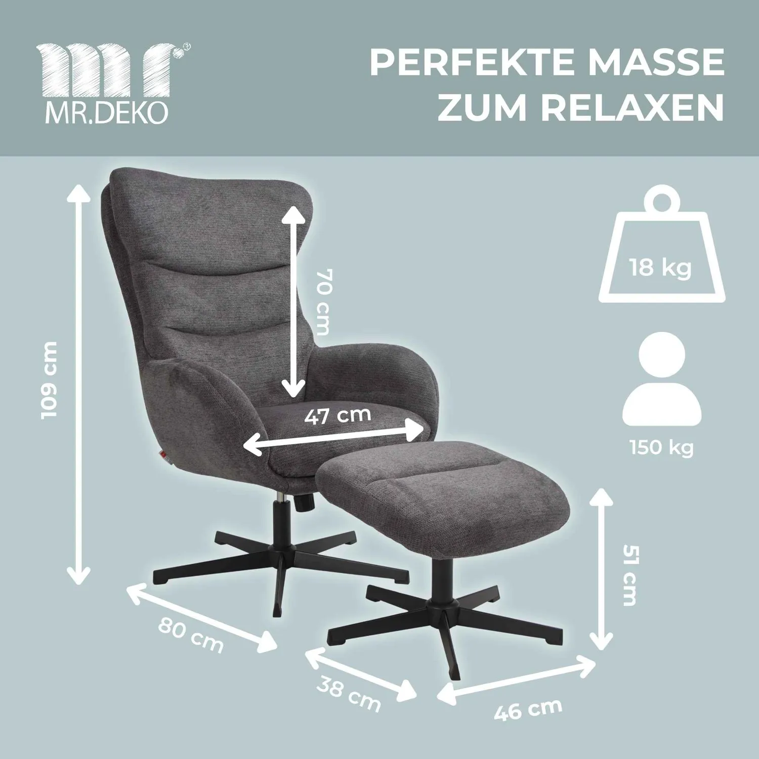 MR.DEKO Lucito Relaxsessel mit Hocker grau 360° drehbar Metallgestell