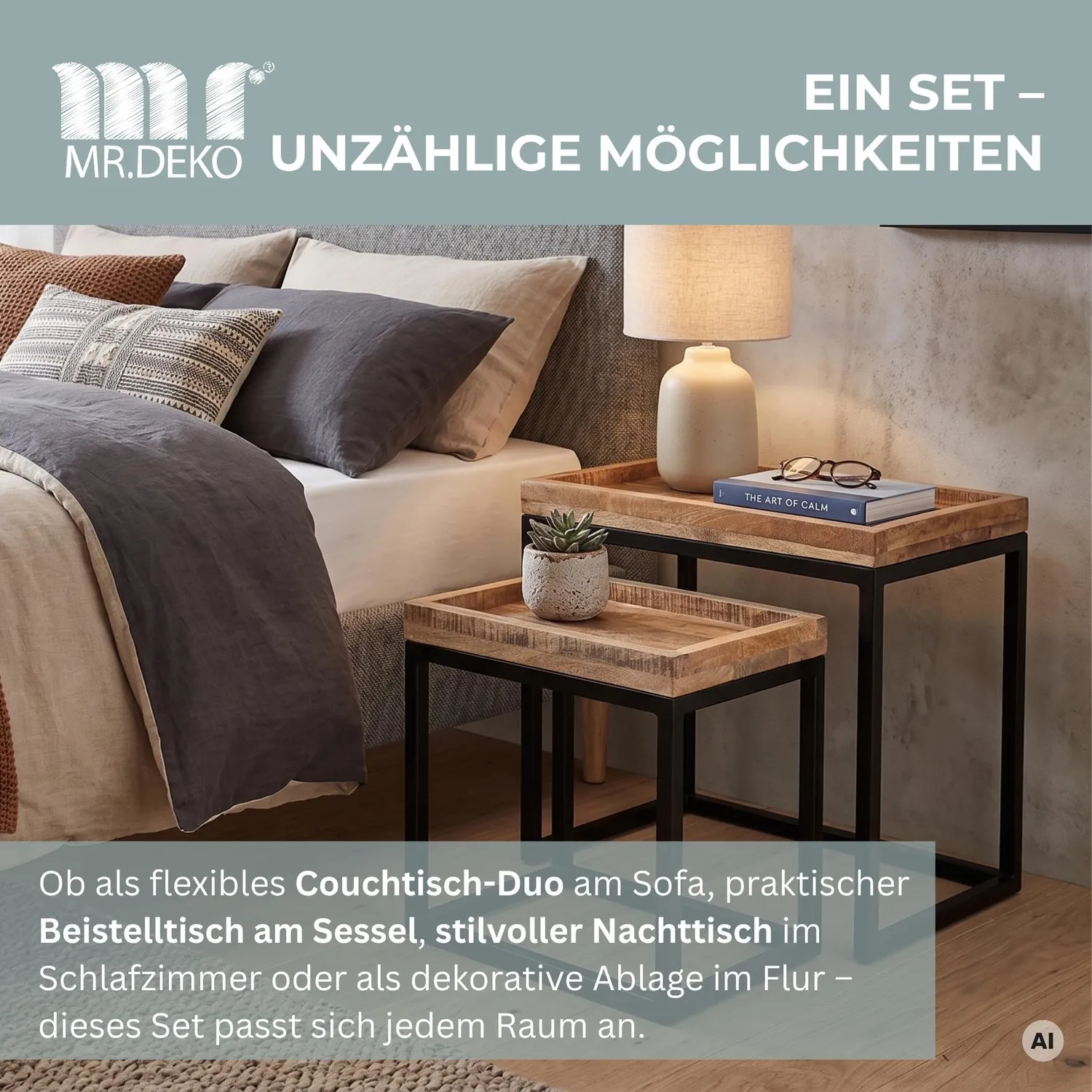 MR.DEKO Lecce Couchtisch 2er Set Mangoholz Natur eckig