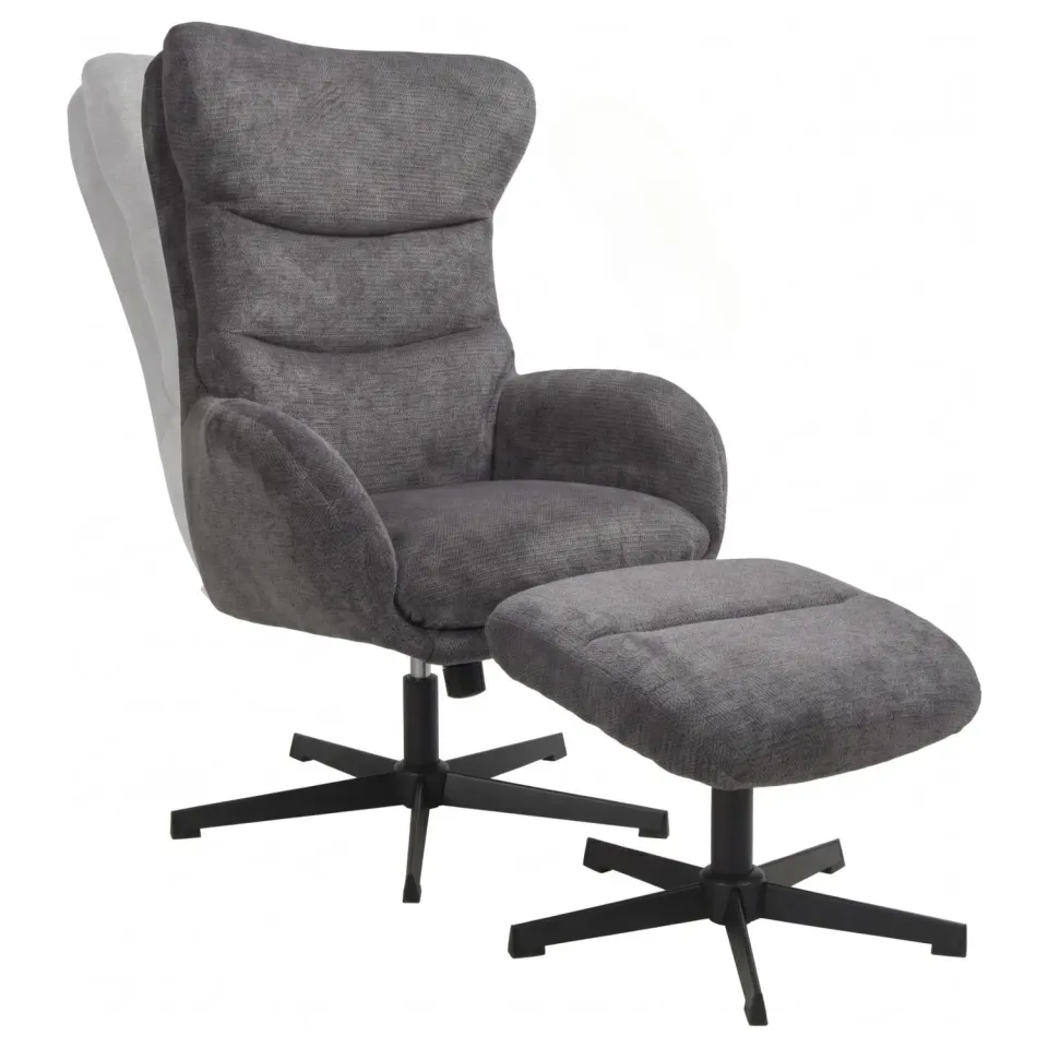 MR.DEKO Lucito Relaxsessel mit Hocker grau 360° drehbar Metallgestell