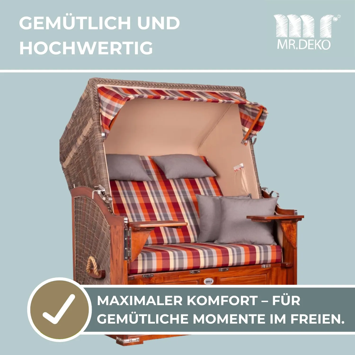 MR.DEKO Seeblick Mahagoni Strandkorb 2-Sitzer Dessin 584 Volllieger