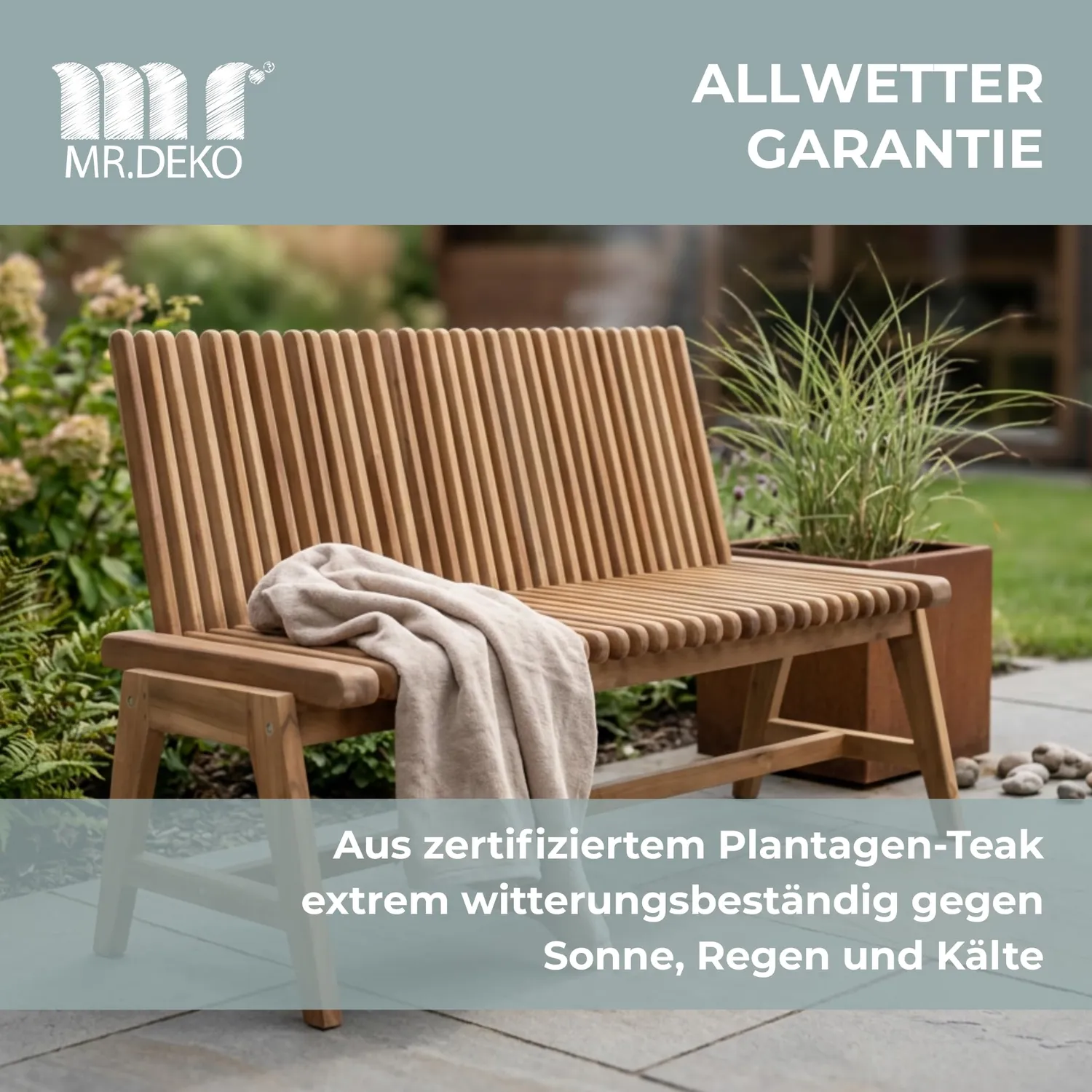 MR.DEKO Leeds Gartenbank Teak 130 cm verstellbar