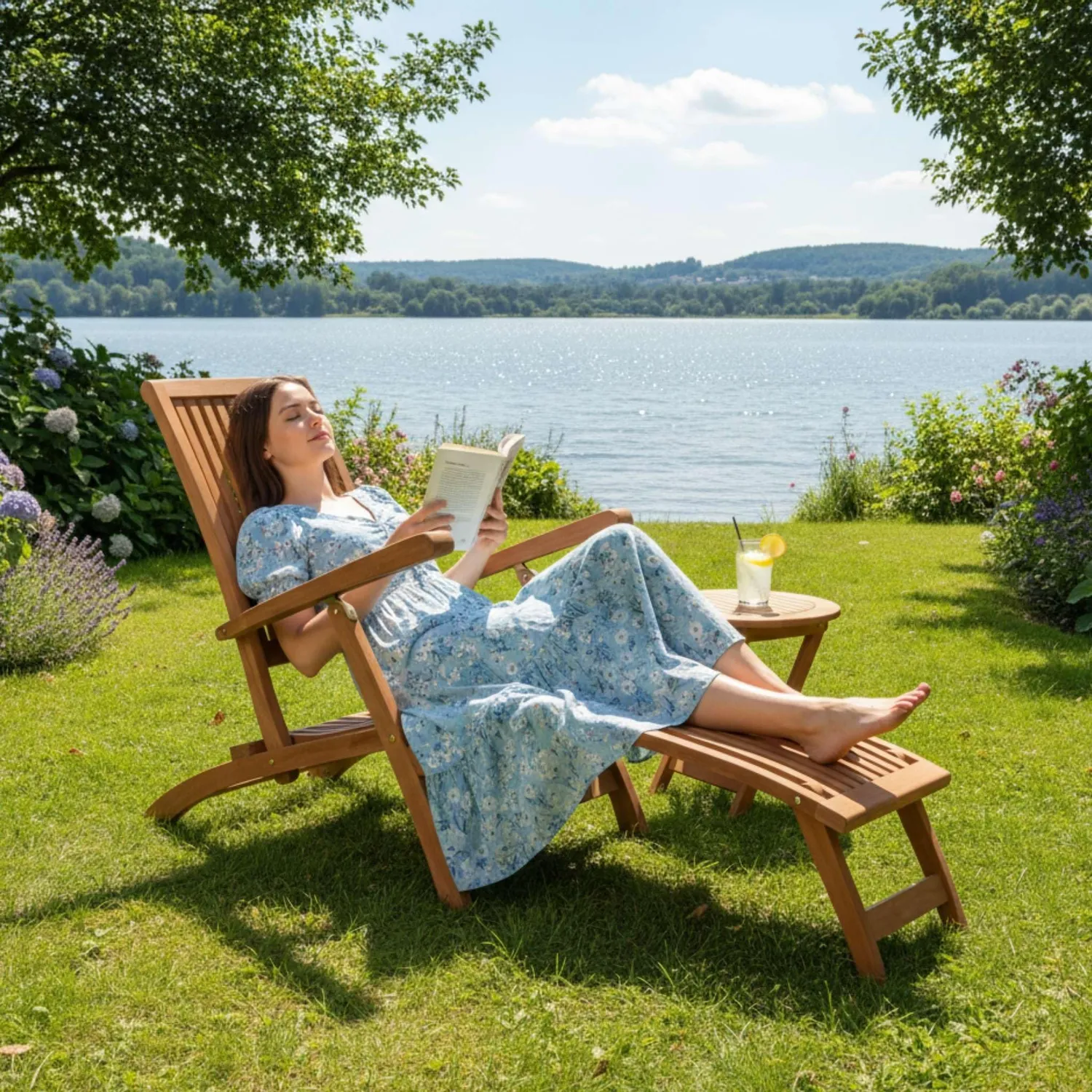 MR.DEKO Yacht Deckchair 170 cm Teakholz Liegestuhl klappbar