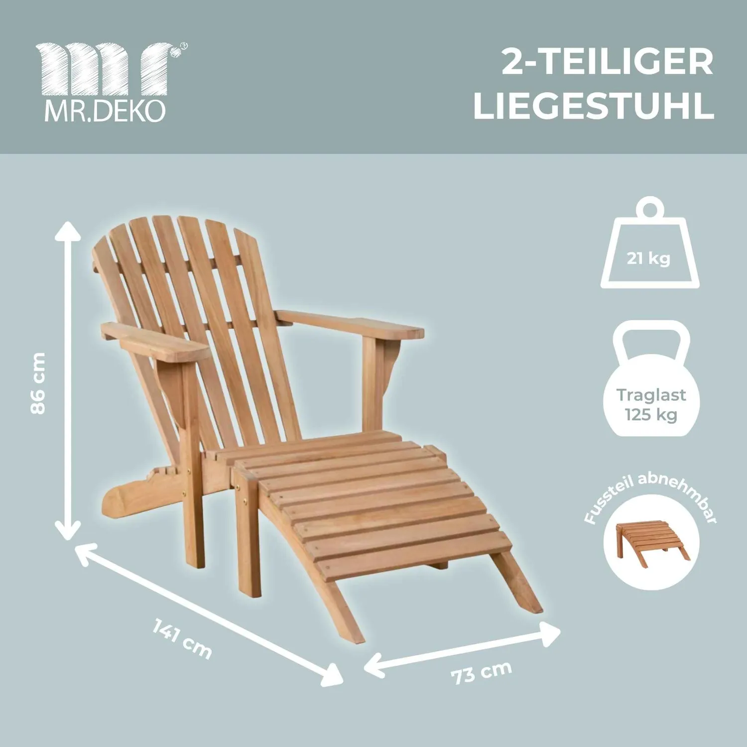 MR.DEKO Montreal Adirondack Sessel Teakholz mit Fußteil wetterfest