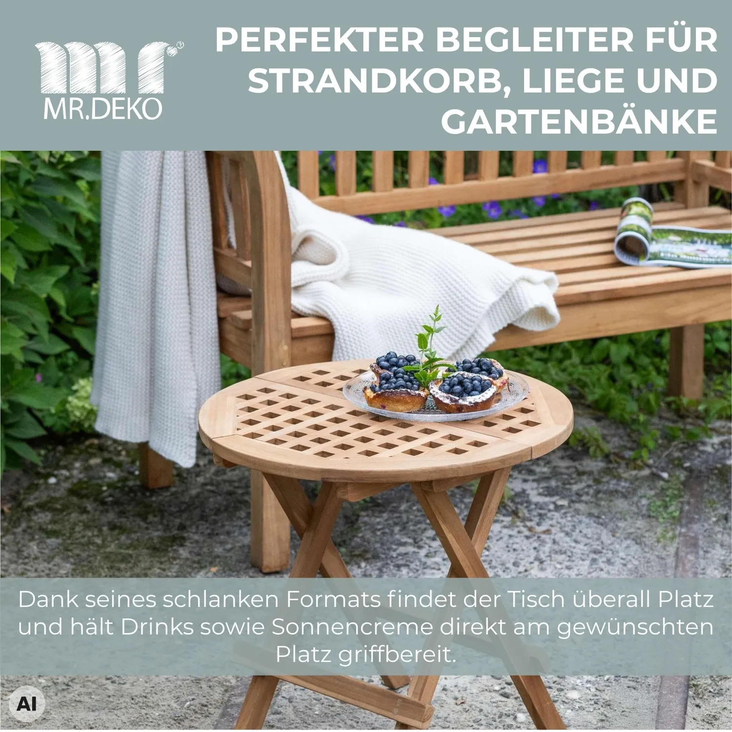 MR.DEKO Dorset Beistelltisch klappbar Teak Ø 50 cm wetterfest