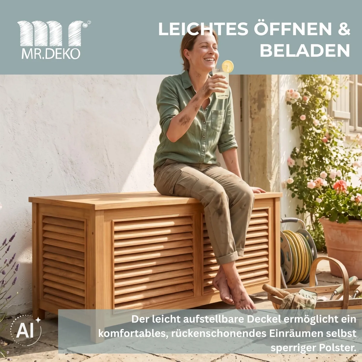 MR.DEKO Gartenbox Teak 430 l Auflagenbox 124 cm wetterfest