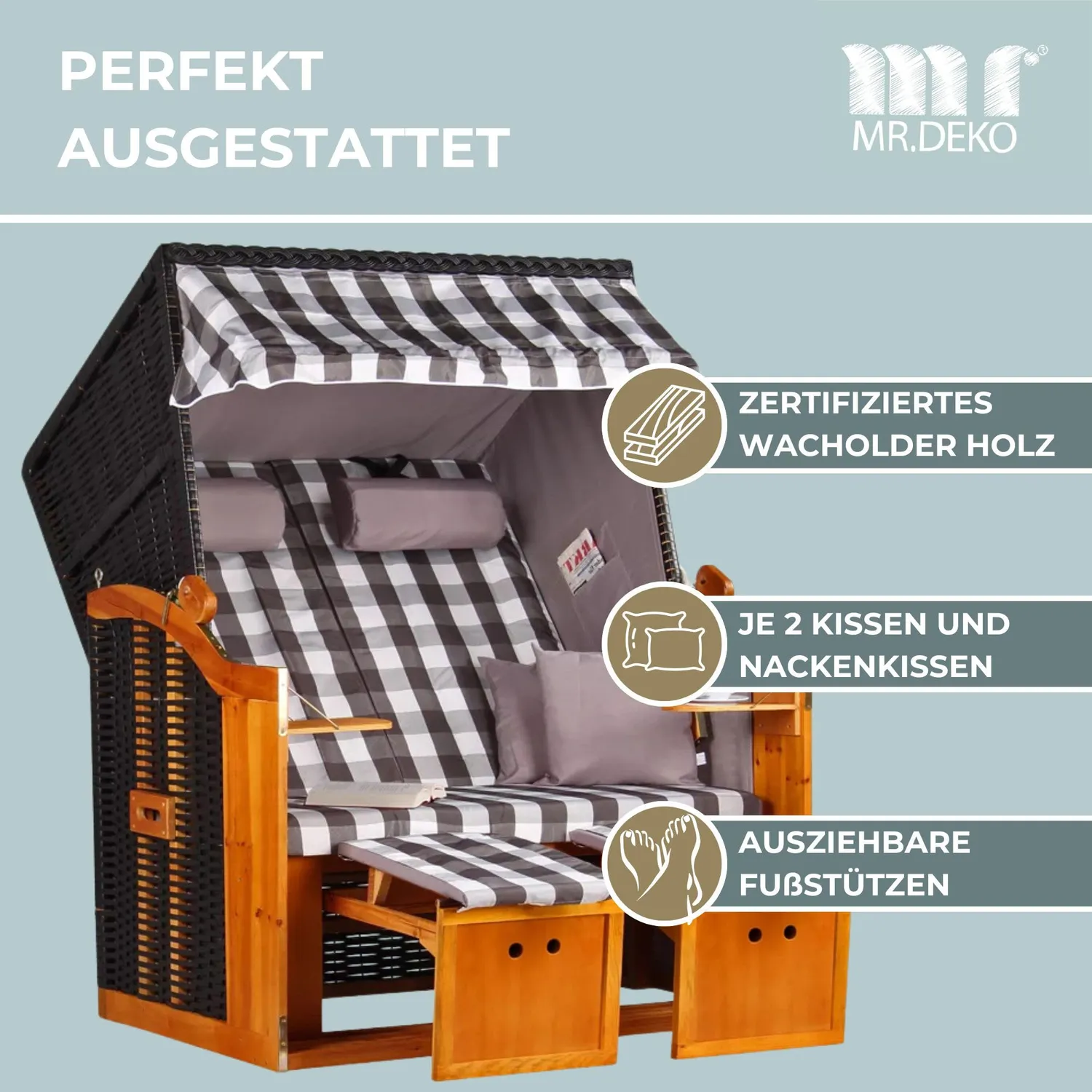 MR.DEKO Ostsee 2-Sitzer Strandkorb Schwarz Volllieger 165°