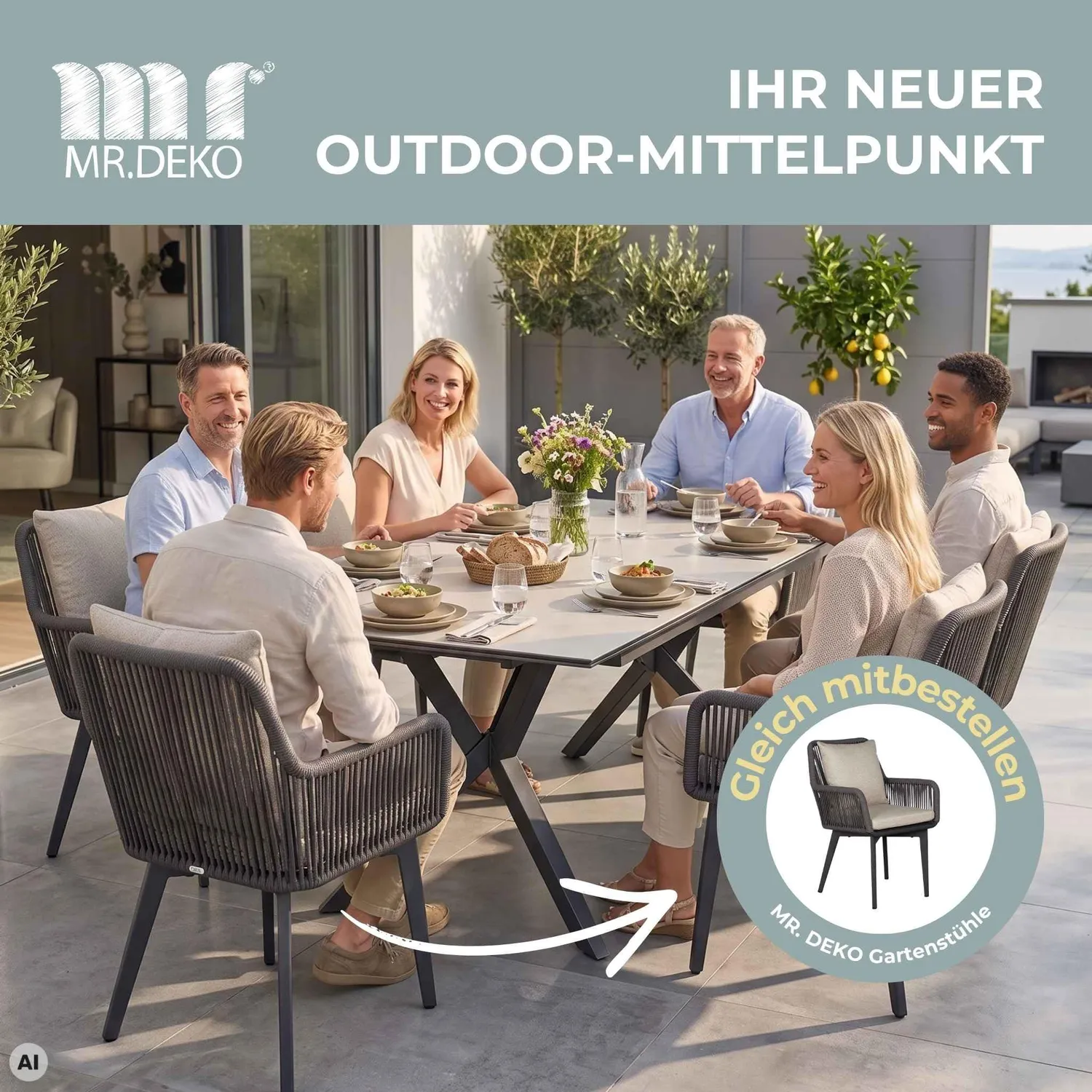 MR.DEKO Valor 160/210x90 cm Gartentisch ausziehbar hellgrau Keramikplatte