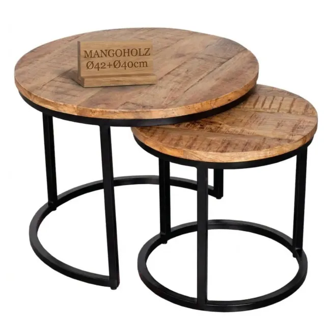 MR.DEKO Fermo Couchtisch 2er Set Mangoholz Natur rund