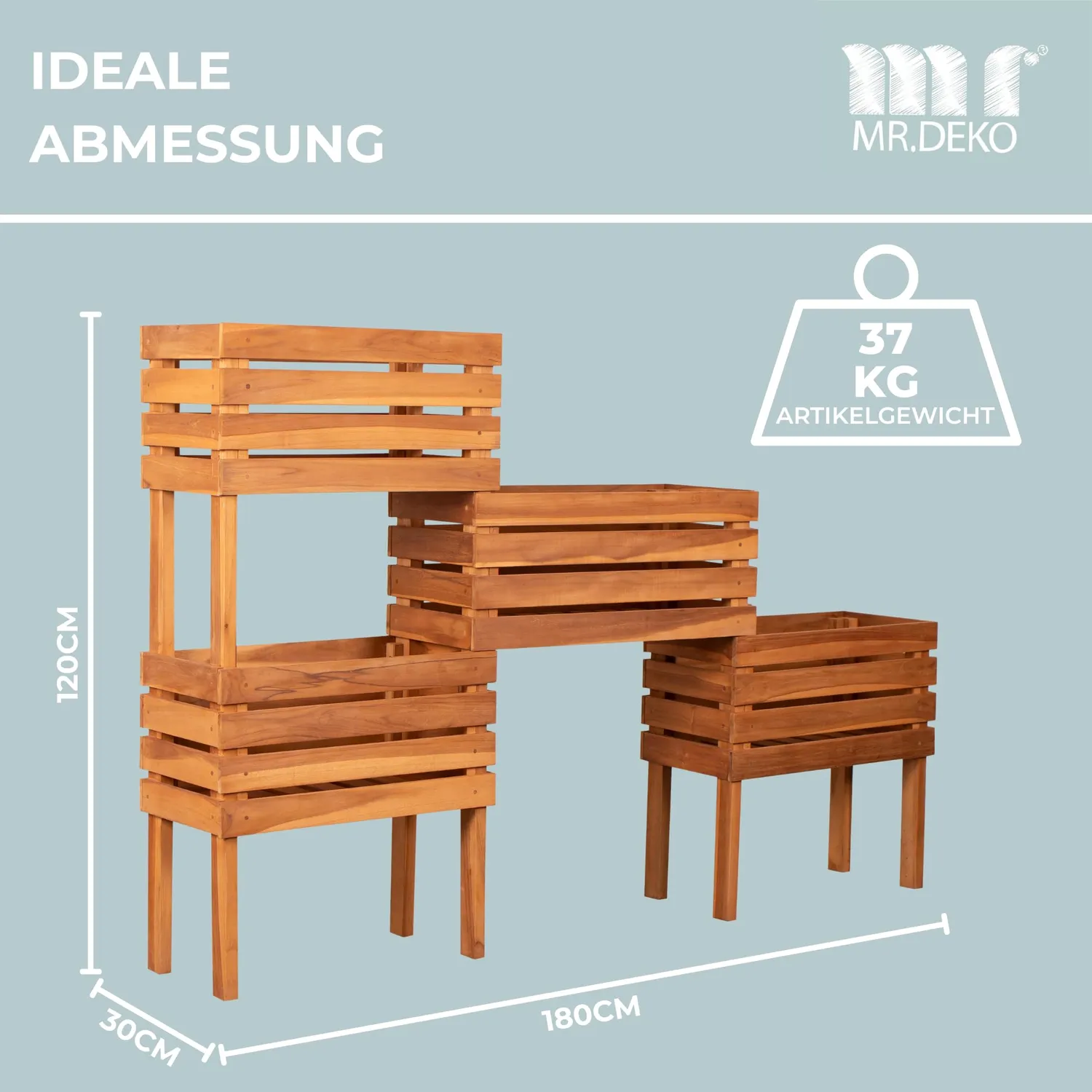 MR.DEKO Dundee Hochbeet 180 cm Teak 4 Fächer