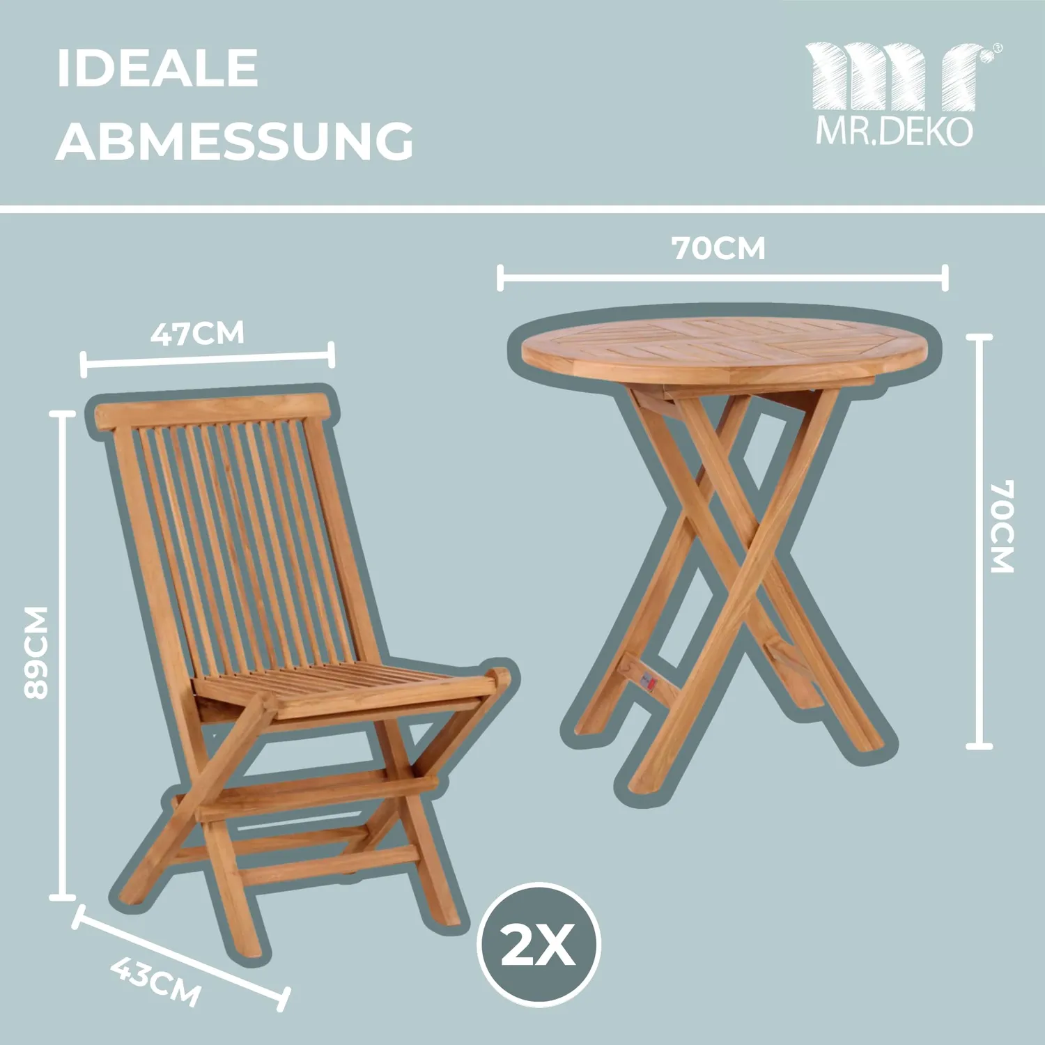MR.DEKO Langton Gartenmöbelset mit Sutton Klapptisch Teak 3-teilig