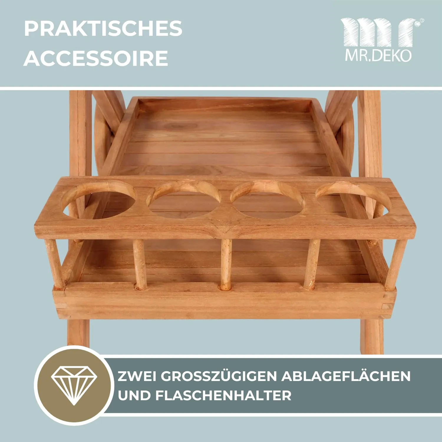 MR.DEKO Chester Servierwagen Teakholz 48x71 cm mit Rollen