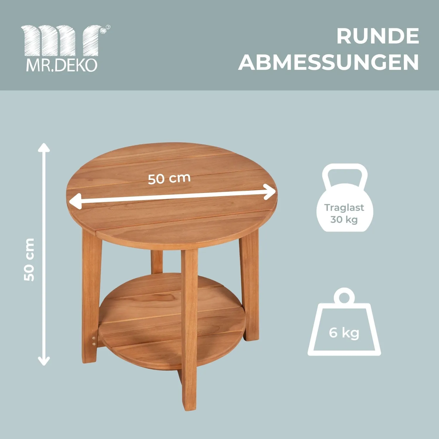 MR.DEKO Milton Beistelltisch Teak rund Ø 50 cm mit Ablage