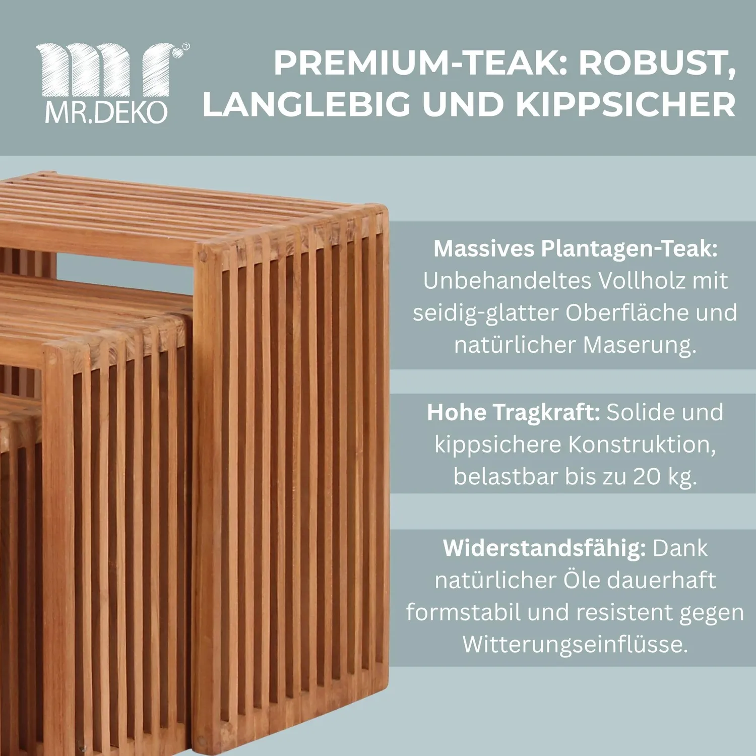 MR.DEKO Beistelltische 3er-Set Satztische Teak wetterfest