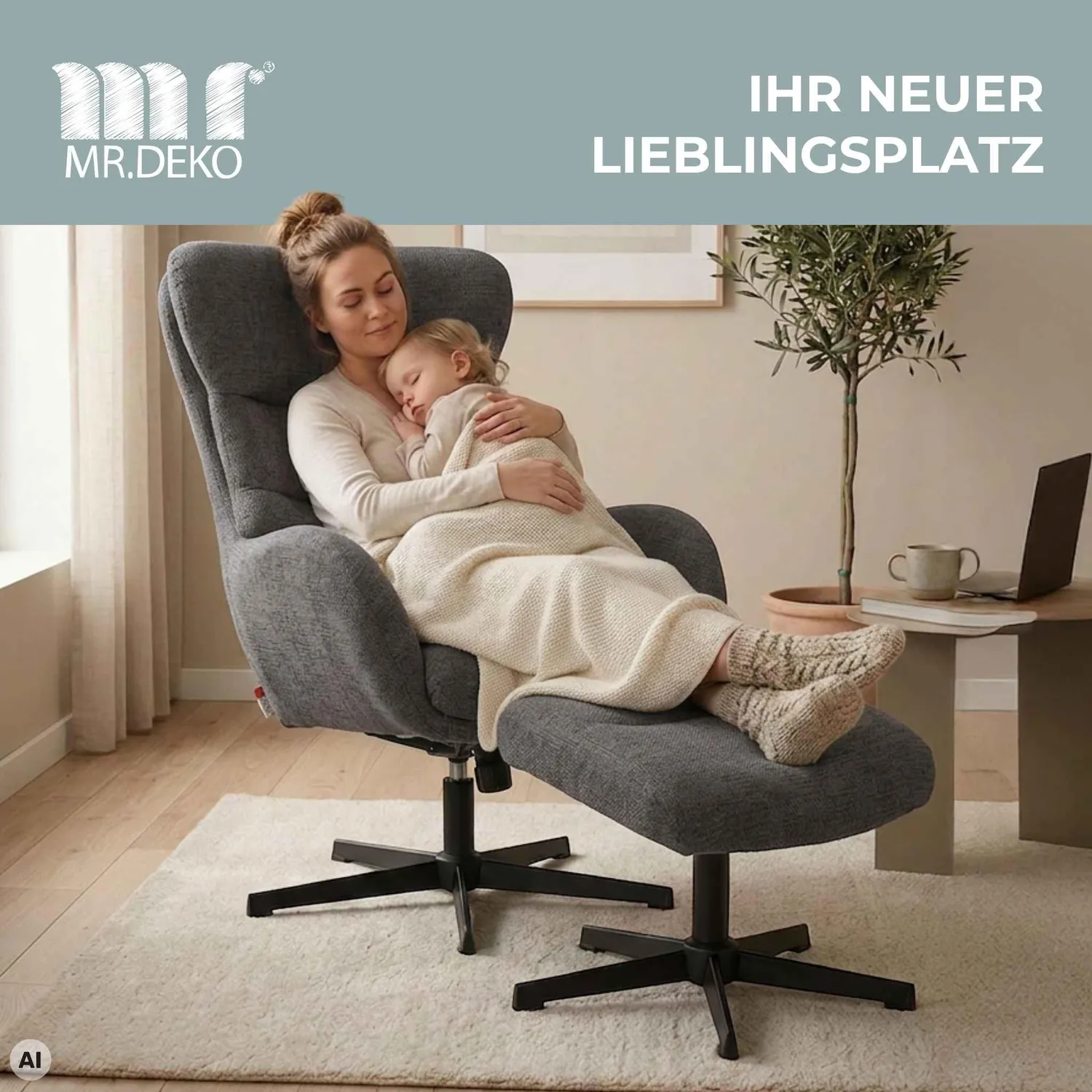 MR.DEKO Lucito Relaxsessel mit Hocker grau 360° drehbar Metallgestell