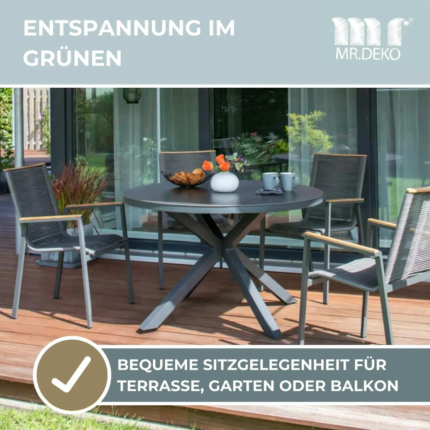 MR.DEKO Gartenstühle 2er-Set Rope Grau mit Teakarmlehnen