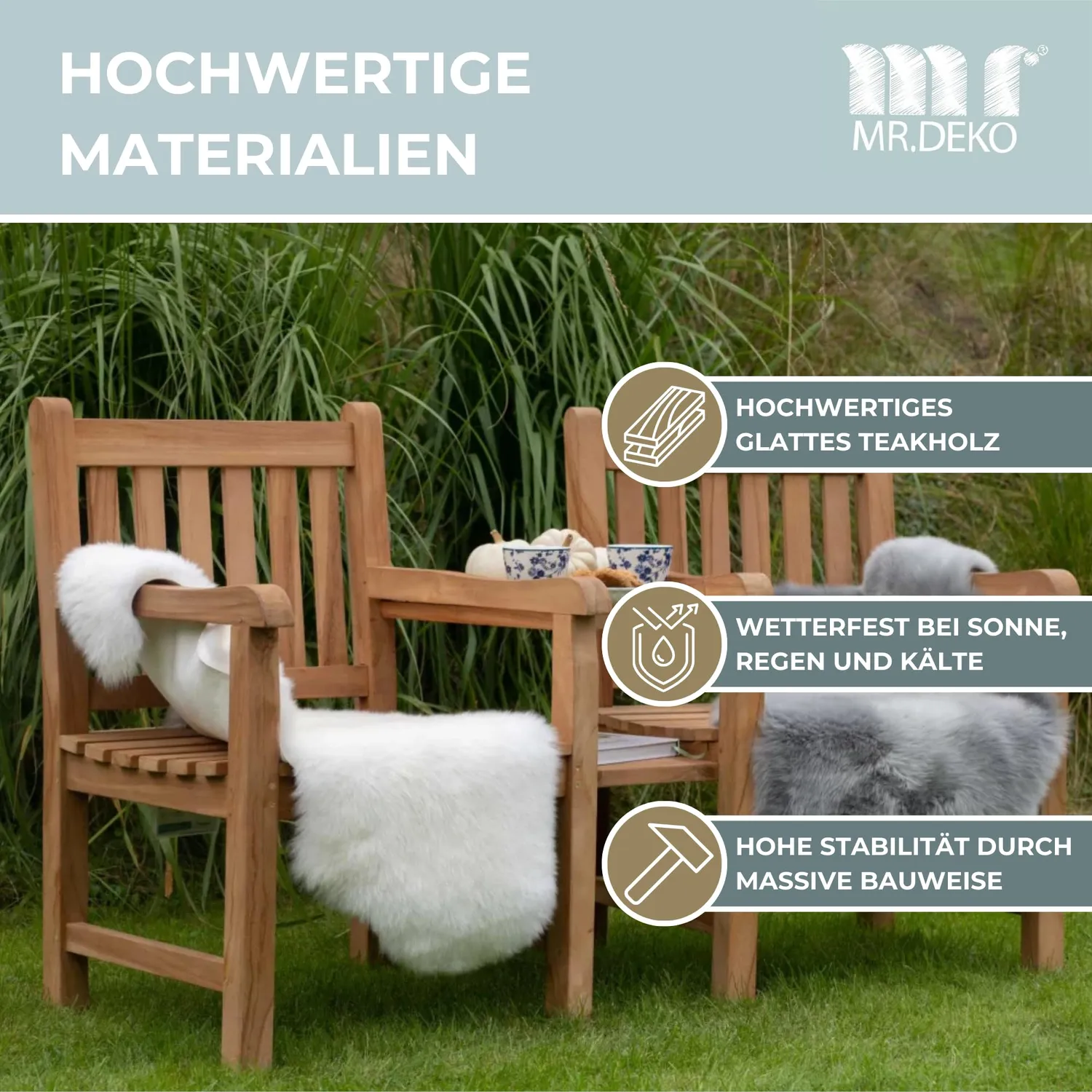 MR.DEKO Feierabendbank 160 cm Gartenbank mit Tisch Teakholz