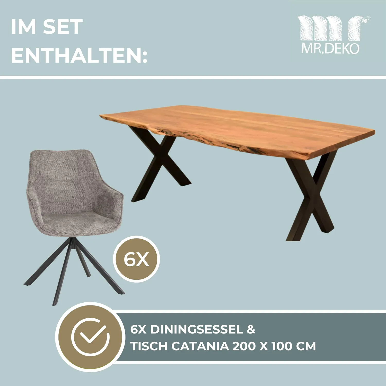 MR.DEKO San Carlo & Catania Baumkantentisch Esszimmer-Set 7-teilig