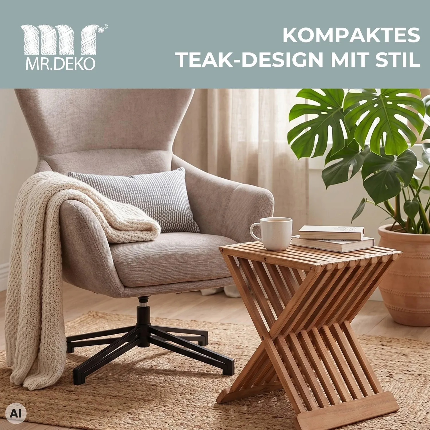 MR.DEKO Fishbone Beistelltisch klappbar 40 cm Teakholz