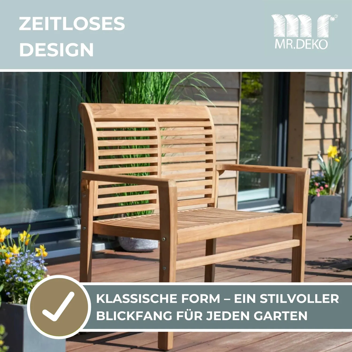 MR.DEKO Derby Gartenbank 120 cm Teakholz 2-Sitzer wetterfest