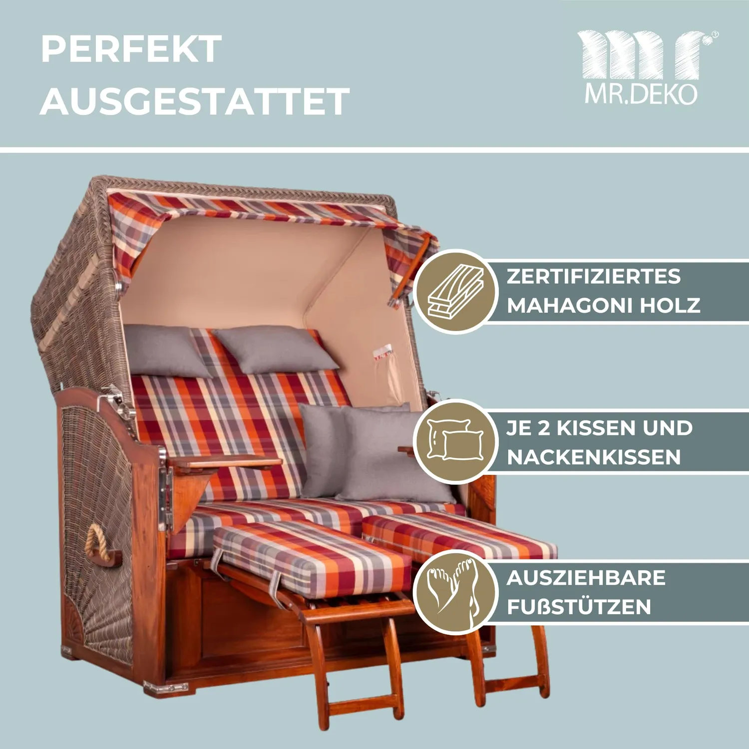 MR.DEKO Seeblick Mahagoni Strandkorb 2-Sitzer Dessin 584 Volllieger