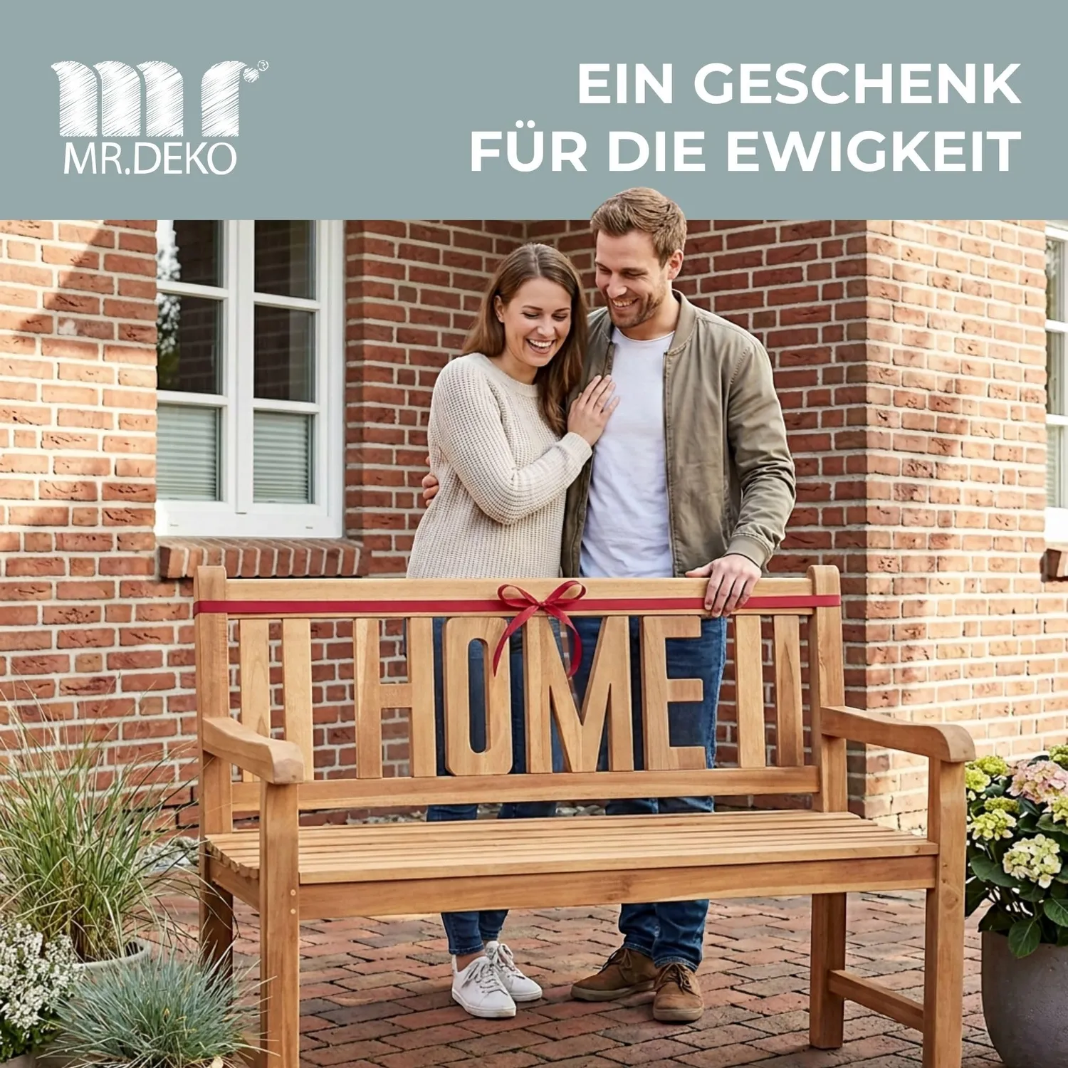 MR.DEKO Gartenbank Motiv Home Teakholz 120 cm 2-Sitzer