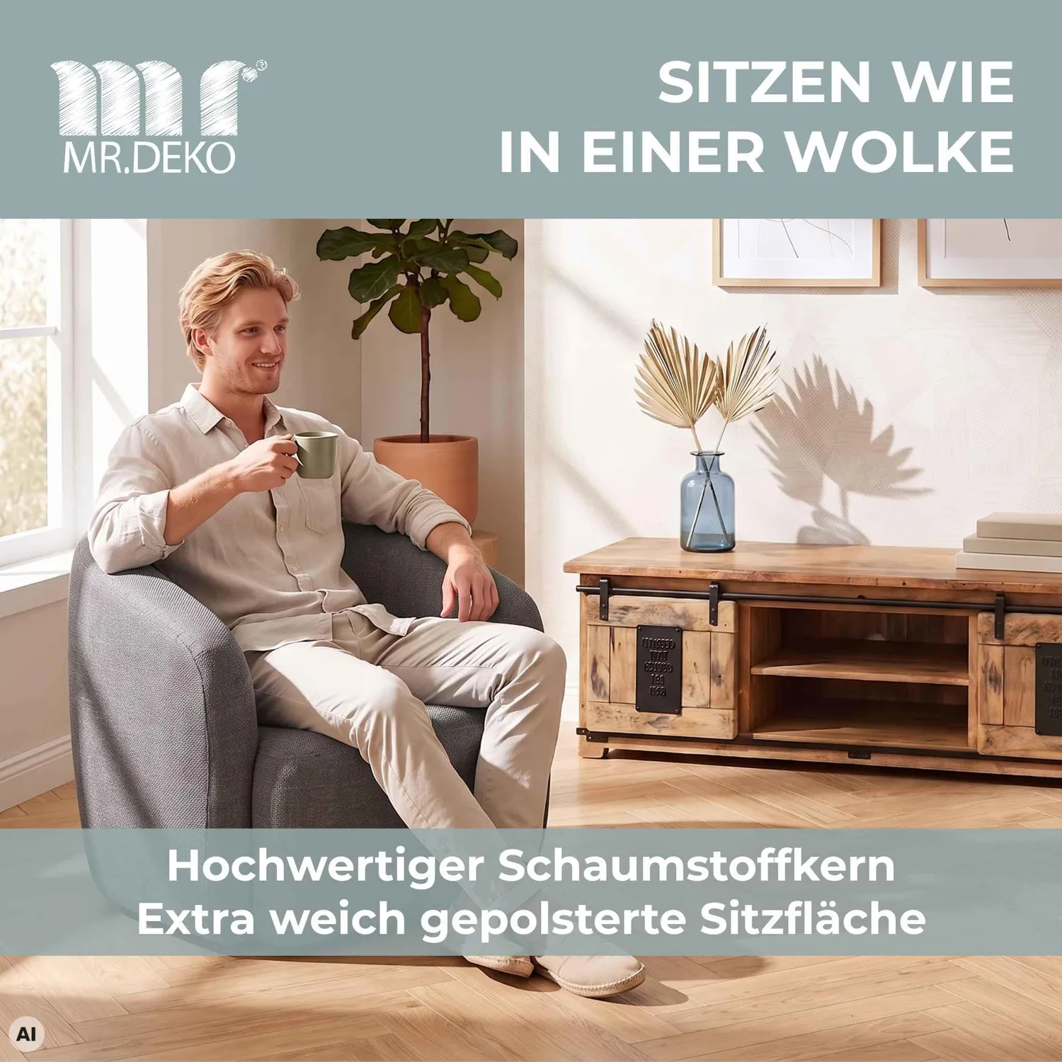 MR.DEKO Loconia Loungesessel Grau Drehbar 360° Stoff