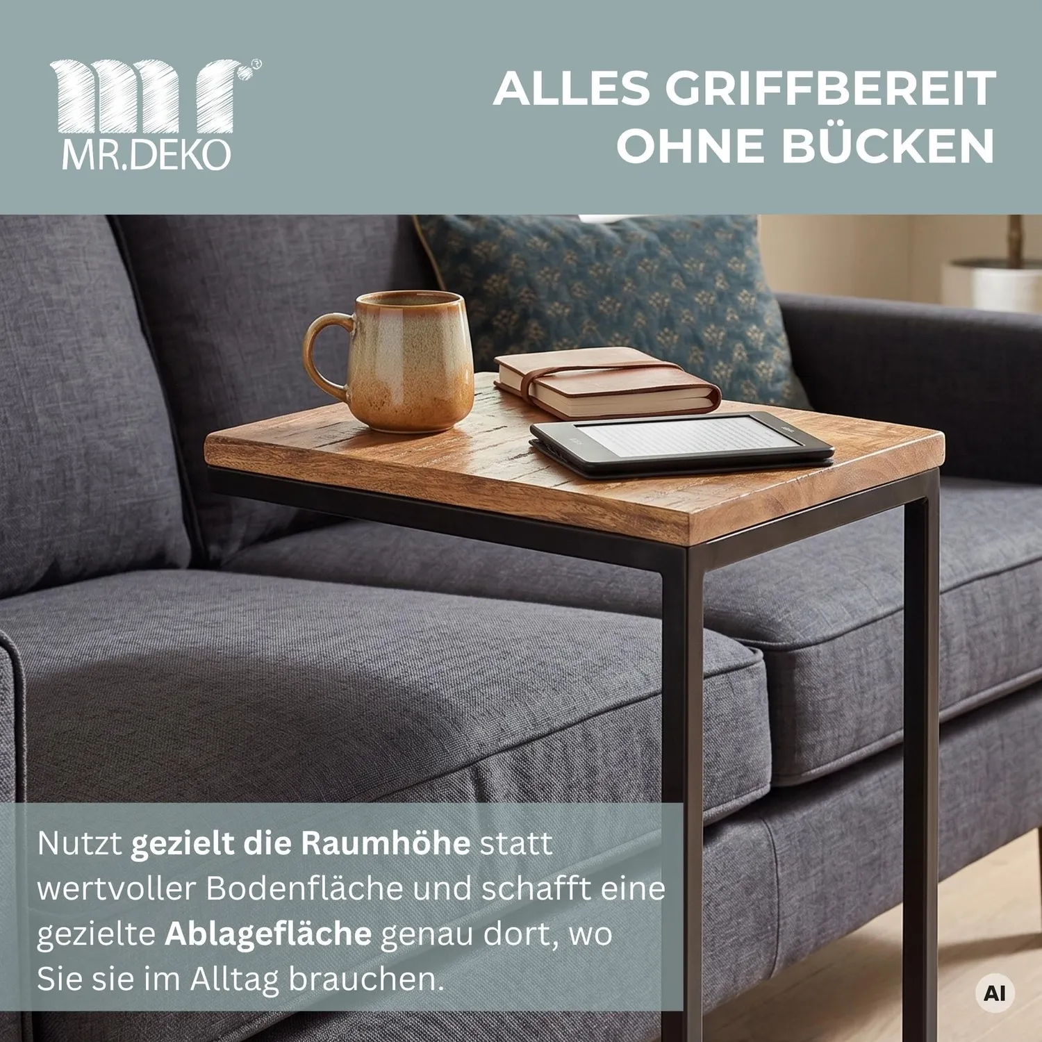 MR.DEKO Materos Beistelltisch 40x30x70 cm Mangoholz C-Design