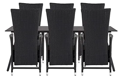 Envy Gartenmöbel-Set 200 cm Schwarz + 6 Rattanstühle Lehne