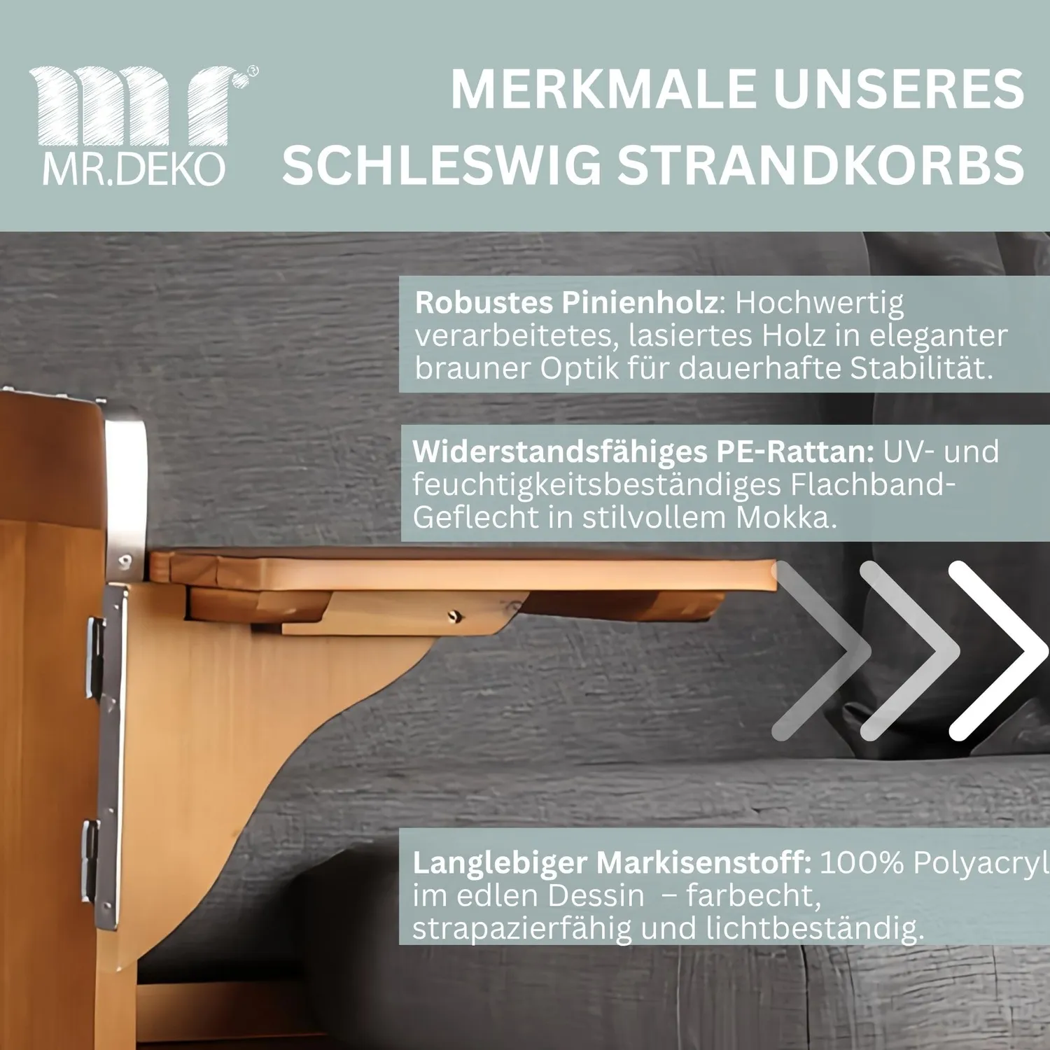 MR.DEKO Schleswig Strandkorb 2-Sitzer Dessin 560 Uni Grau