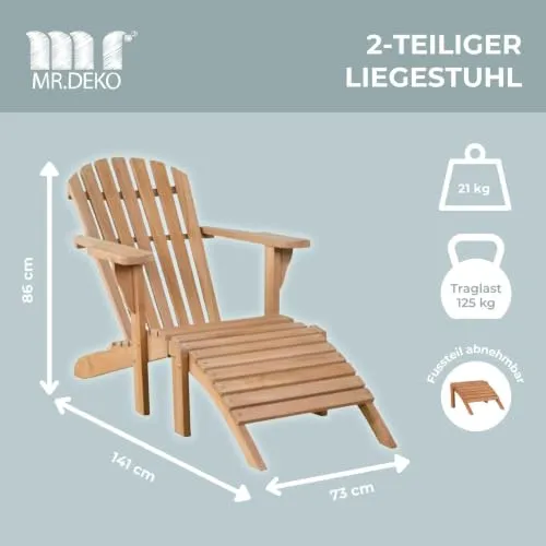MR.DEKO Montreal Adirondack Sessel Teakholz mit Fußteil wetterfest