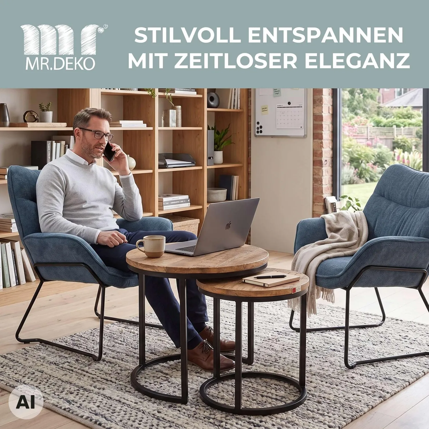 MR.DEKO Aliano Loungesessel Blau Stoff 73cm 125kg