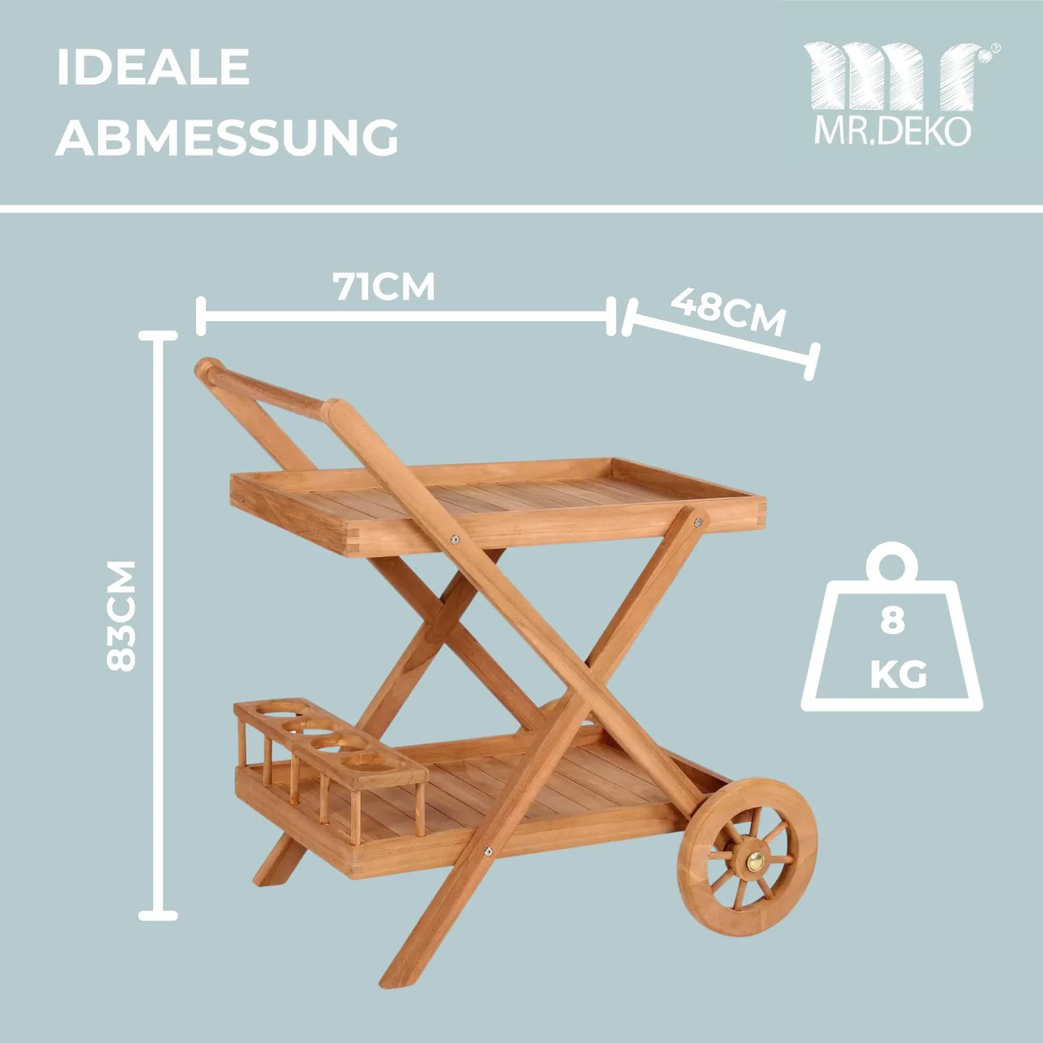 MR.DEKO Chester Servierwagen Teakholz 48x71 cm mit Rollen
